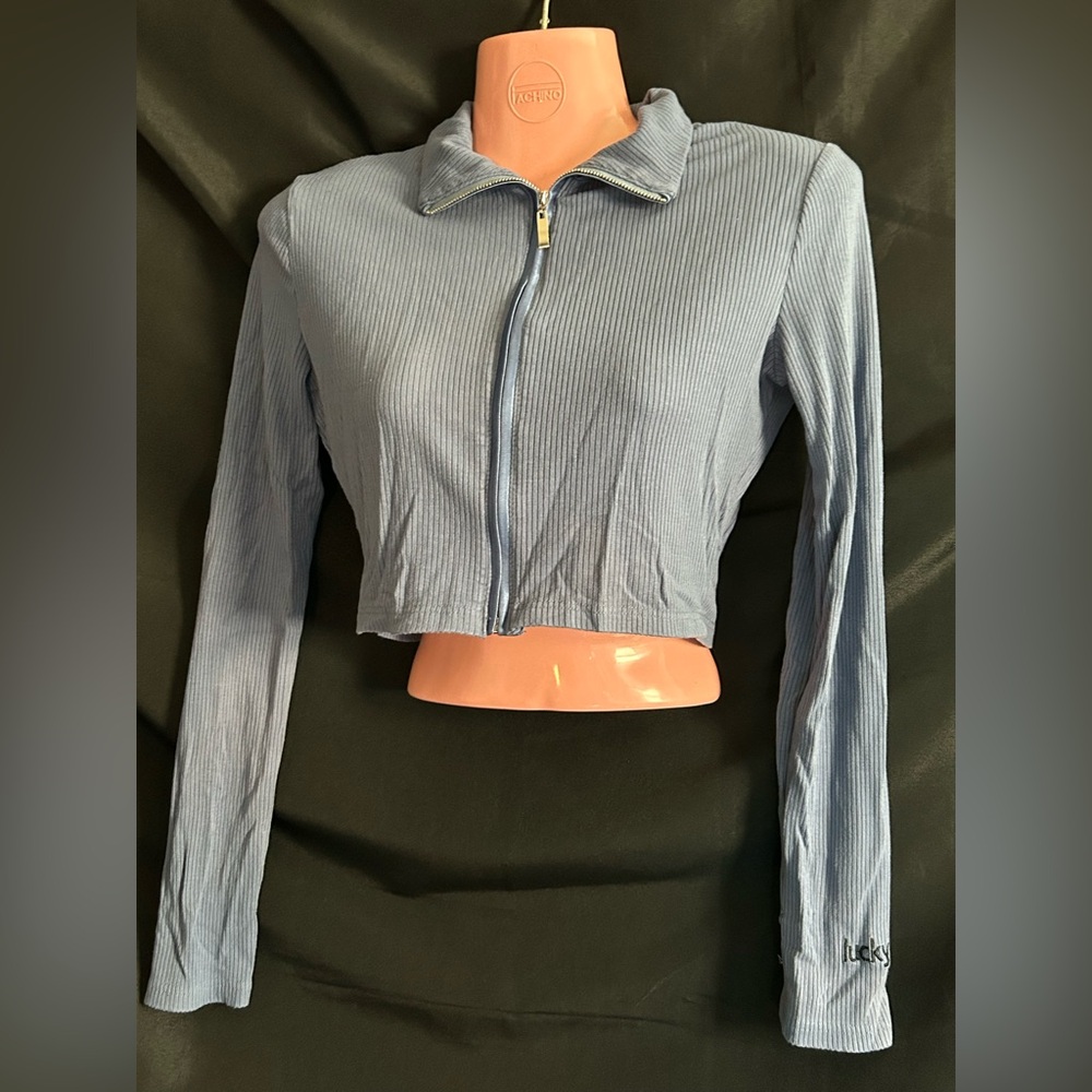 Lucky Label Women's Blue Crop Zip-Up Long Sleeved Top SZ MD